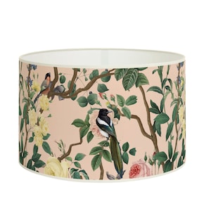 Floral and bird motif lampshade, Vintage Style, for refined interior decoration, in powder pink color