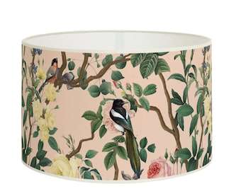 Floral and bird motif lampshade, Vintage Style, for refined interior decoration, in powder pink color