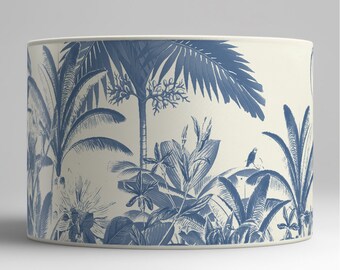 Washable lampshade with tropical jungle plant motifs blue white panoramic landscape - Solvent-free vegetable-based inks