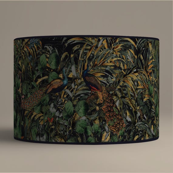 Peacock jungle lampshade, tropical vintage handmade lampshade, exotic lighting décor - Available as a lamp base or pendant.