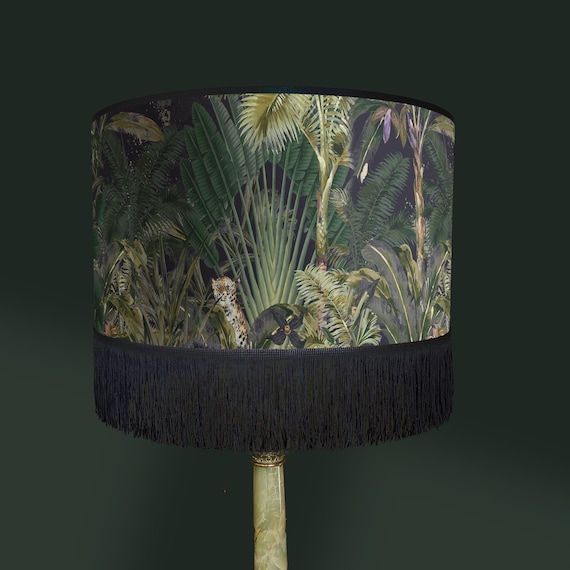 Tropical Jungle Lampshade with Black Fringe – Leopard Lampshade, Vintage Nature Décor – Available as a Table Lamp or Pendant Light.