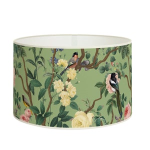 Birds and roses lampshade on pale green background - Soothing floral decoration - Shade with cream fabric edging