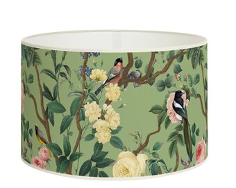 Birds and roses lampshade on pale green background - Soothing floral decoration - Shade with cream fabric edging
