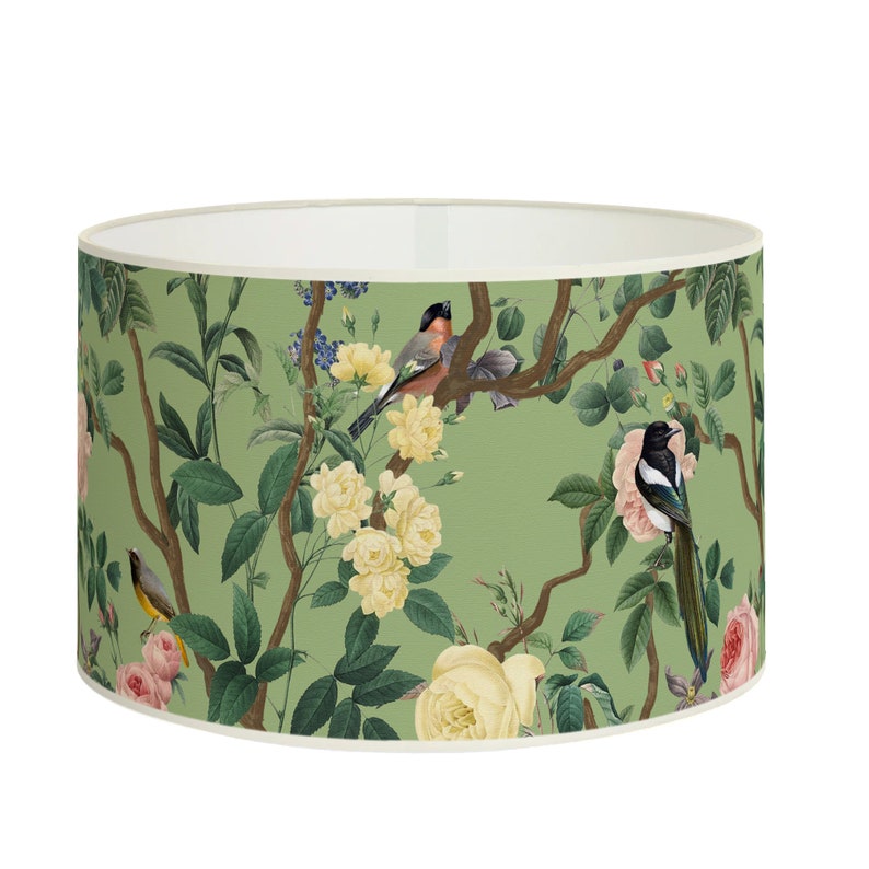 Birds and roses lampshade on pale green background Soothing floral decoration Shade with cream fabric edging Bild 1