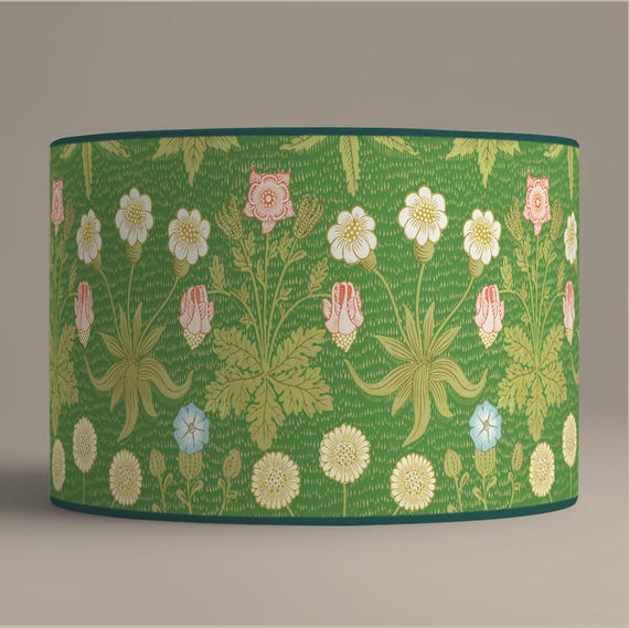 Large Cylindrical "Strawberry Thief" Lampshade in Green and Pink - William Morris Inspired Design