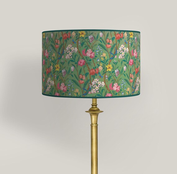 Large Cylindrical Flowers Arts & Crafts Lampshade in Green - William Morris Inspired Design