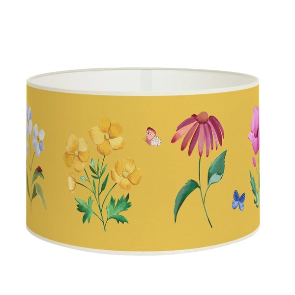 Yellow vibrant lampshade with flowers and butterflies, Colorful lighting fixture for joyful decoration, Available in lampshade and pendant.