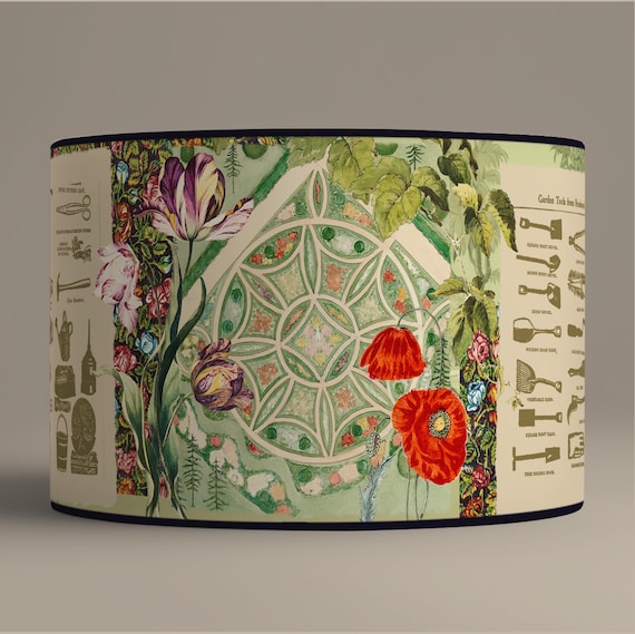 Lampshade for table lamp – Vintage botanical garden tools style lampshade – Available as a table lamp base or pendant light.