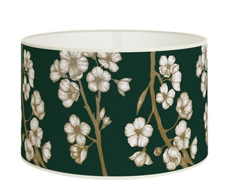 Emerald Green and Gold Cylindrical Lampshade, Floral Pattern, Modern Vintage Style, Interior Decoration, Available in Lampshade and Pendant.