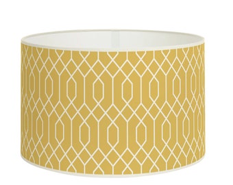 Abat-jour Tambour Contemporain Jaune Moutarde et Blanc, Motif Géométrique, Décoration Maison, Disponible en Abat-jour et Suspension