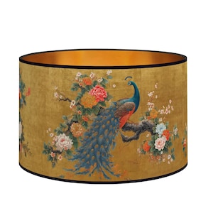 Lampshade for table lamp - Lampshade with peacock and floral golden motif - Available for table lamp base or as a pendant.