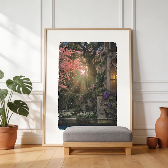 Enchanted Garden Poster | Cherry Blossom Ruins Golden Light | Romantic Fantasy Wall Art | Botanical Art Print Home Decor