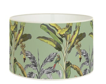 Tropical atmosphere, vintage green lampshade leaves, elegant interior design with exotic and botanical motifs, banana foliage