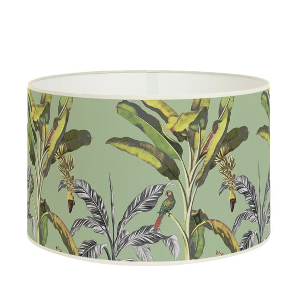 Tropical atmosphere, vintage green lampshade leaves, elegant interior design with exotic and botanical motifs, banana foliage