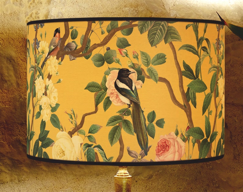 Vintage lampshade birds and flowery branch, lighting accessory, handcrafted lampshade for retro interior design. Vintage atmosphere image 6