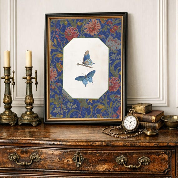 Vintage Blue Butterfly Print | Entomological Art Chinoiserie Border | Botanical Wall Decor | Natural History Art Print