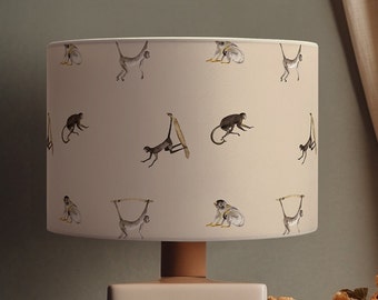 Monkey motif lampshade in 360g paper, beige fabric edging, washable, M1 fireproof, made in France