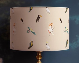 360g paper shade with parakeets and parakeets, beige fabric edging, washable, M1 fireproof, made in France