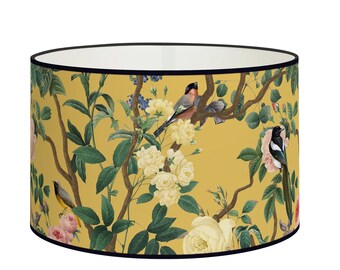 Vintage lampshade birds and flowery branch, lighting accessory, handcrafted lampshade for retro interior design. Vintage atmosphere