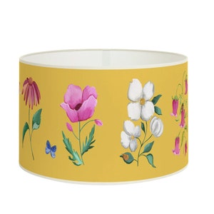 Yellow vibrant lampshade with flowers and butterflies, Colorful lighting fixture for joyful decoration, Available in lampshade and pendant.