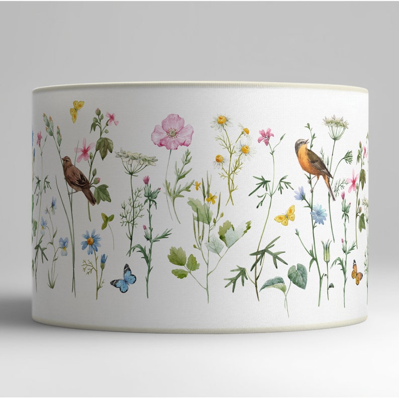 Lampshade for lamp or ceiling suspension Flowers, plants and birds on a white background Solvent-free vegetable-based inks 画像 2
