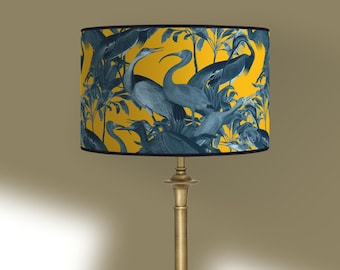 Vintage lampshade birds, Heron table lamp, lighting accessory, handcrafted lampshade for interior design. Vintage atmosphere