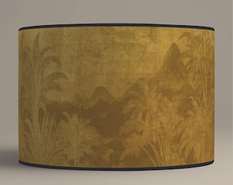 Abat-jour Cylindrique Paysage Jungle Doré – Grand Abat-jour Design Exotique - Disponible en pied de lampe ou suspension.