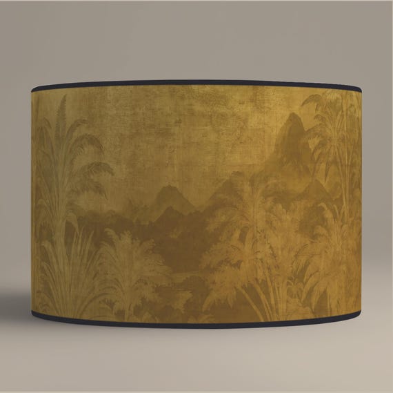Golden Jungle Panorama Cylindrical Lampshade – Large Designer Exotic Lampshade - Available for table lamp base or as a pendant.