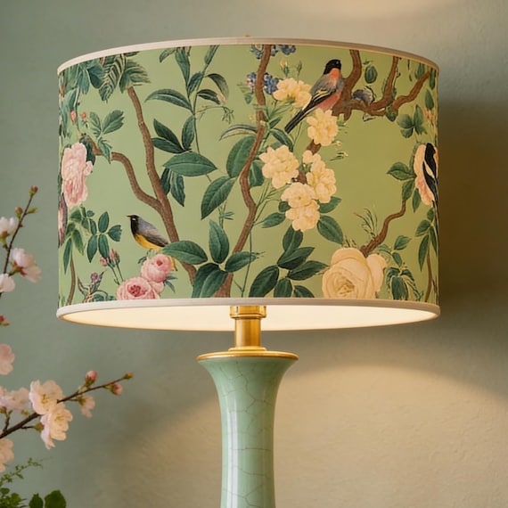 Lampshade for Table Lamp or Pendant Lamp - Handcrafted Lampshade - Birds and Roses on Green Background