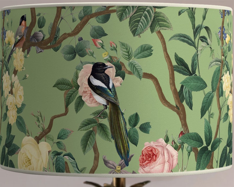 Birds and roses lampshade on pale green background Soothing floral decoration Shade with cream fabric edging Bild 4