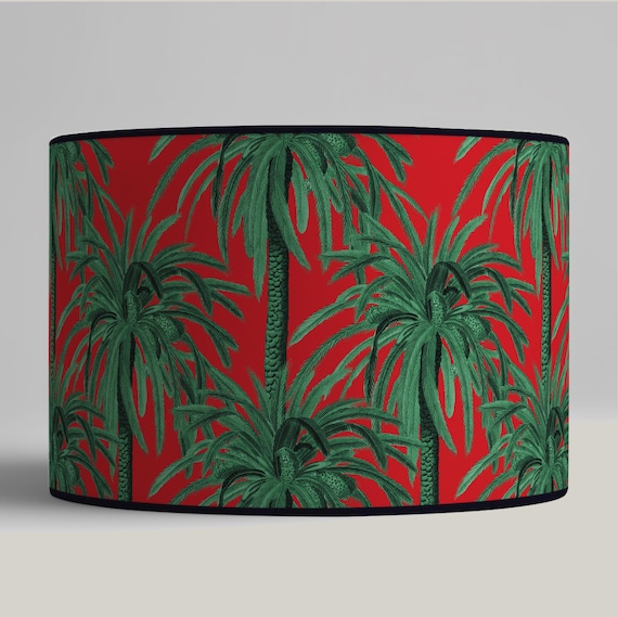 Lampshade for table lamp - Lampshade with green palm tree motif on a red background - Available for table lamp base or as a pendant.