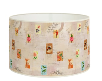 Stamped lampshade with birds, flowers and vintage style paper - Retro decor - Papier 360 Gr Nontissé