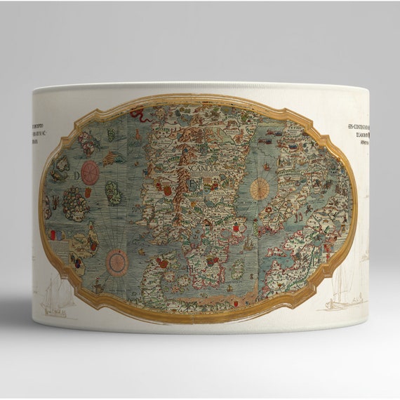 Cylindrical vintage lampshade with an old map of Venice and artistic illustrations - Lion Venise - Available as a lamp base or pendant.