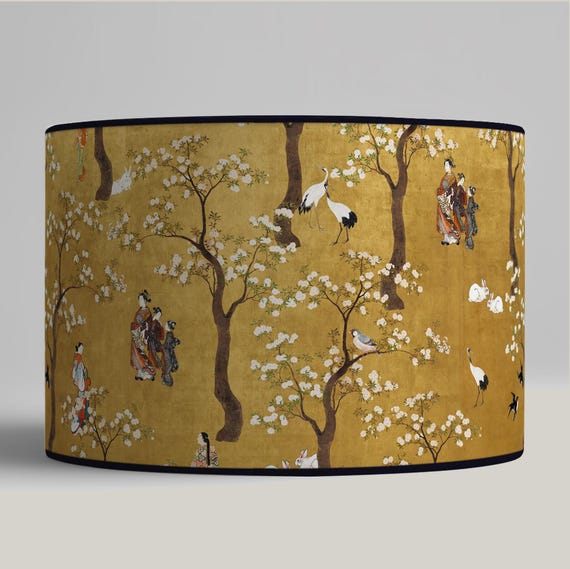 Lampshade for table lamp - Lampshade with golden floral Japanese motif - Available for table lamp base or as a pendant.