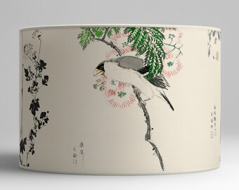 Asian-style lampshade with bird and cherry blossom motif - Elegant zen interior decoration, Available in Lampshade and Pendant