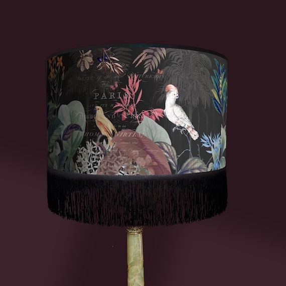 Exotic birds lampshade, vintage botanical lampshade double black fringe. – Available as table lamp or pendant light.