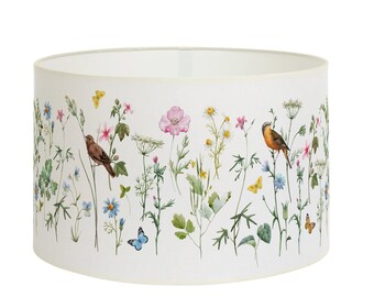 Abat-jour pour lampe ou suspension au plafond - Fleurs, plantes et oiseaux sur fond blanc - Encres végétales sans solvant