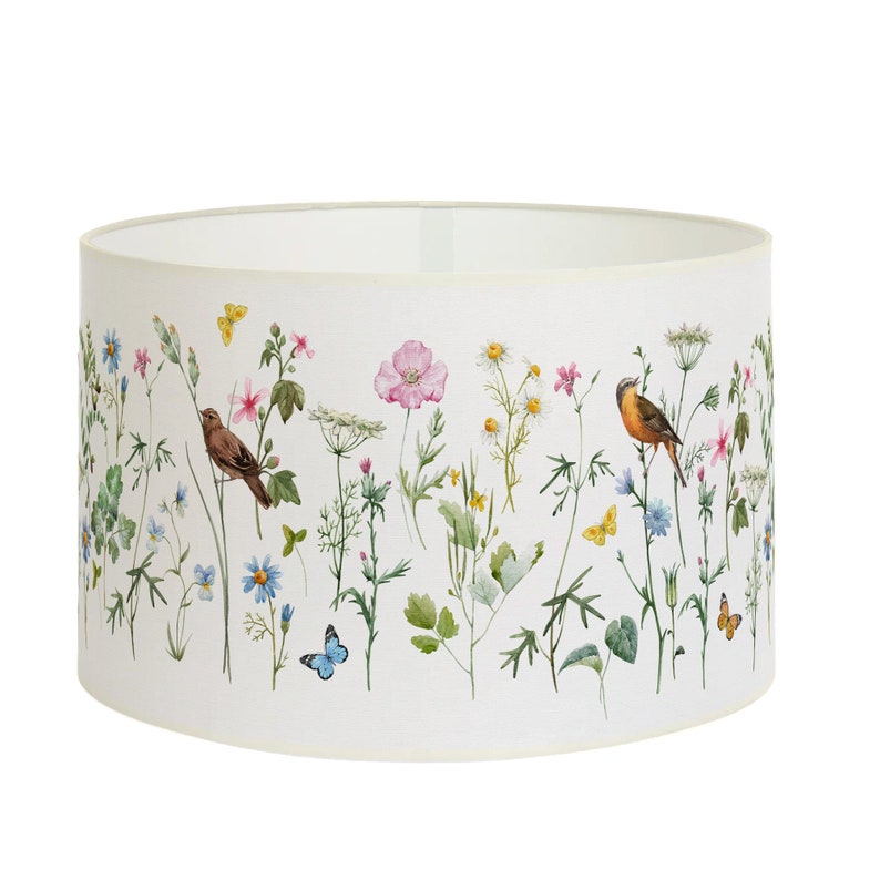 Abat-jour pour lampe ou suspension au plafond Fleurs, plantes et oiseaux sur fond blanc Encres végétales sans solvant image 1
