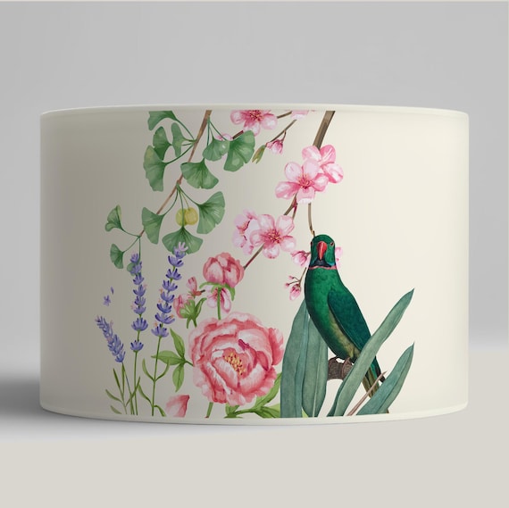 Floral lampshade with parrot for table or pendant lamp, handmade, vintage and botanical style.
