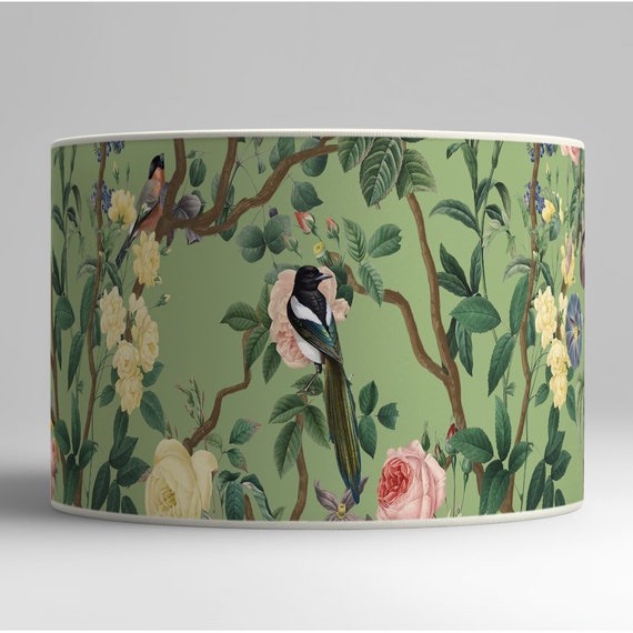Lampshade for Table Lamp or Pendant Lamp - Handcrafted Lampshade - Birds and Roses on Green Background