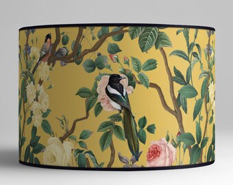 Vintage lampshade birds and flowery branch, lighting accessory, handcrafted lampshade for retro interior design. Vintage atmosphere