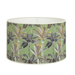 Tropical Luxe Lampshade - Golden and Green Palm Tree Design on Olive Green Background, Modern and Elegant Home Lighting