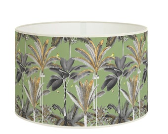 Tropical Luxe Lampshade - Golden and Green Palm Tree Design on Olive Green Background, Modern and Elegant Home Lighting