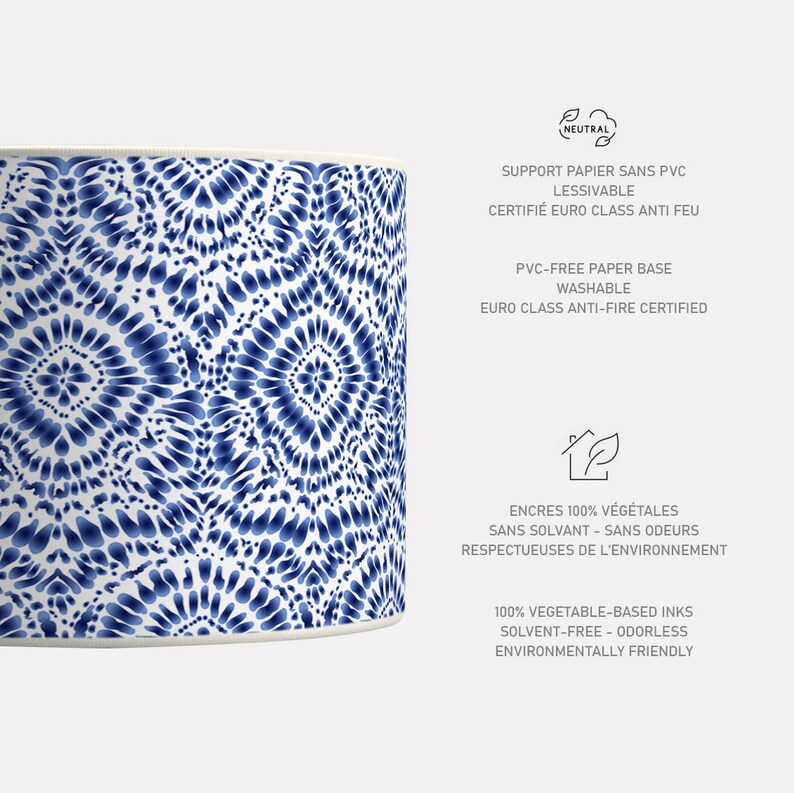 Lampshade for lamp or ceiling suspension Motifs blue, Batik Tie dye blue Solvent free vegetable-based inks image 4