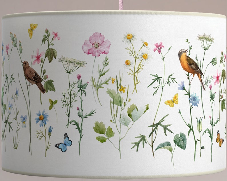 Abat-jour pour lampe ou suspension au plafond Fleurs, plantes et oiseaux sur fond blanc Encres végétales sans solvant image 3