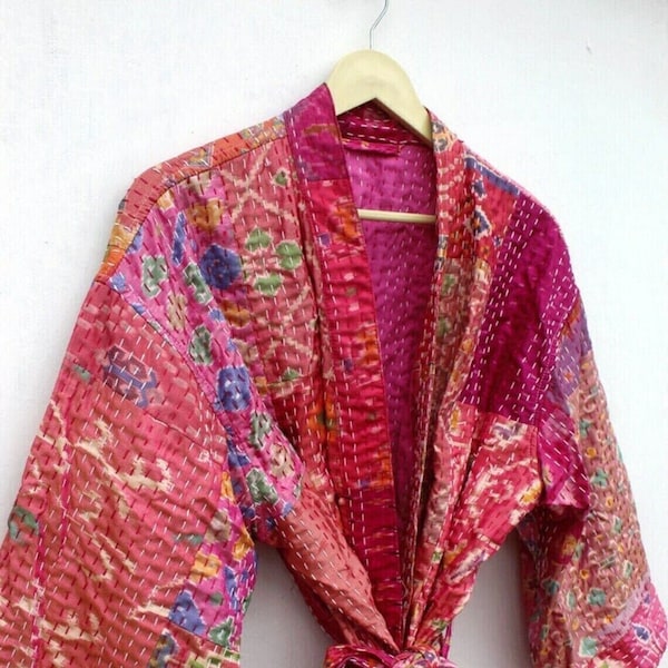 Silk patchwork handmade kantha jacket japanese kimono style kantha robe winter Luxury Bathrobe Spa Stylish Designer