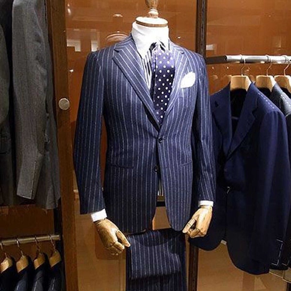 Men Navy Blue Stripes Suits Grooms Wedding Casual Dinner Party Suits (Coat+Pant)