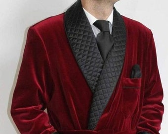 Chaqueta de túnica acolchada roja atractiva para hombre, abrigo largo Formal para fumar, doble pecho, solapa acolchada puramente a mano