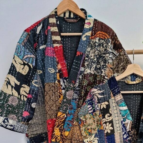 Fine Silk patchwork handmade kantha jacket Japanese kimono style kantha robe winter