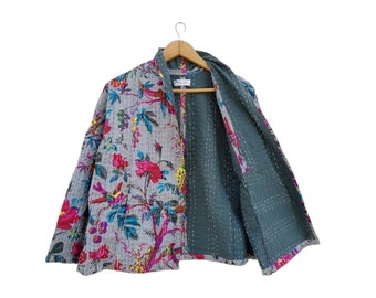 Indian Kantha Quilted Kimono Women Wear Vintage Coat Festival Fashion Hand Made Grey Bird Quilting Jackets